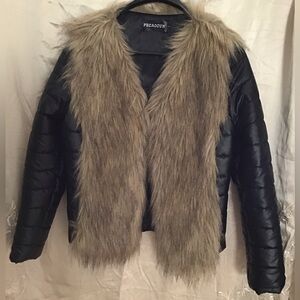 Quilted jacket with faux fur collar and trim